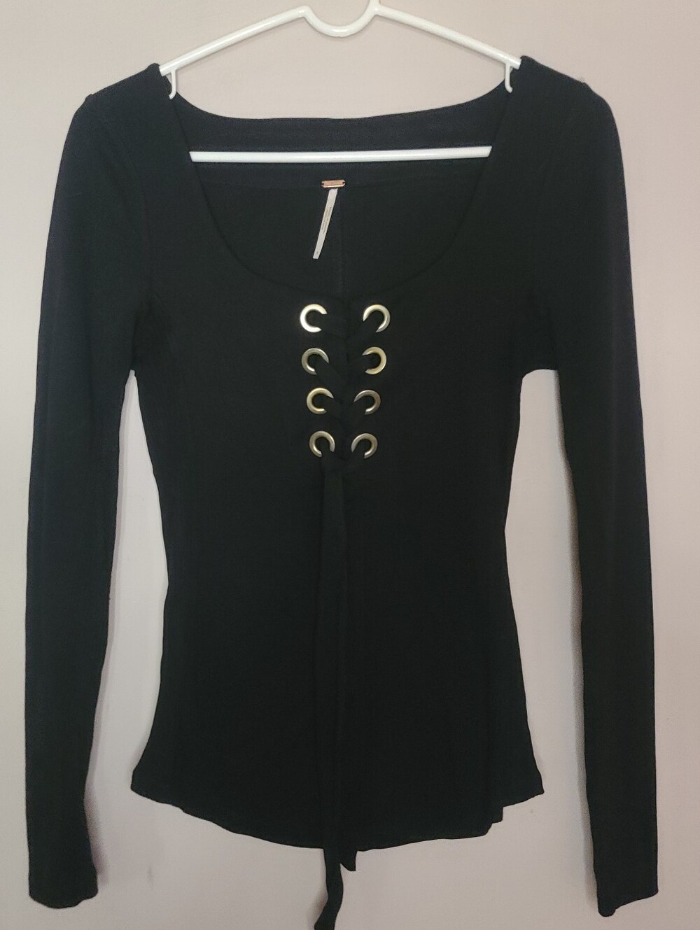Free People Lace-Up Women’s Looking Back Black Long Sleeve Top Wimsigoth Sz Sm